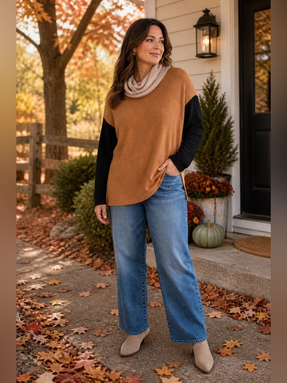 Women's Tan and Black Cowl Neck Sweater